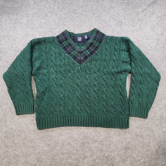 VTG GAP Sweater Womens XL Green Cable Knit Plaid V Neck Cotton Pullover Preppy - Picture 3 of 12